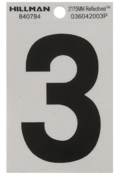 HILLMAN 3 in. Reflective Black Vinyl Self-Adhesive Number 3 1 pc HILLMAN 3 in. Reflective Black Vinyl Self-Adhesive Number 3 1 pc