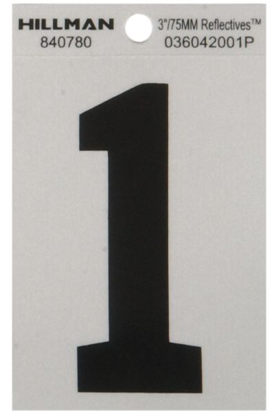 HILLMAN 3 in. Reflective Black Vinyl Self-Adhesive Number 1 1 pc