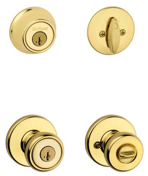 Kwikset Tylo Polished Brass Deadbolt and Entry Door Knob 1-3/4 in.