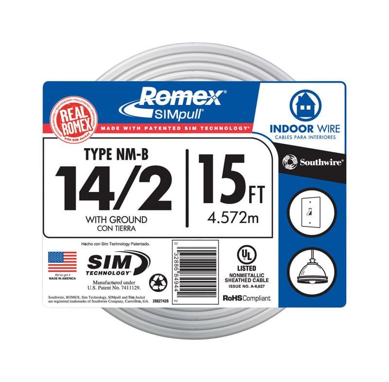 Southwire SimPull 15 ft. 14/2 Solid Romex Type NM-B WG Non-Metallic Wire Southwire SimPull 15 ft. 14/2 Solid Romex Type NM-B WG Non-Metallic Wire
