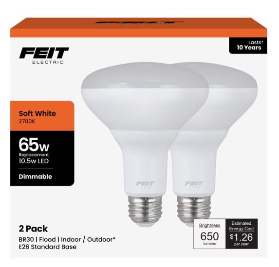 Feit BR30 E26 (Medium) LED Bulb Soft White 65 Watt Equivalence 2 pk Feit BR30 E26 (Medium) LED Bulb Soft White 65 Watt Equivalence 2 pk