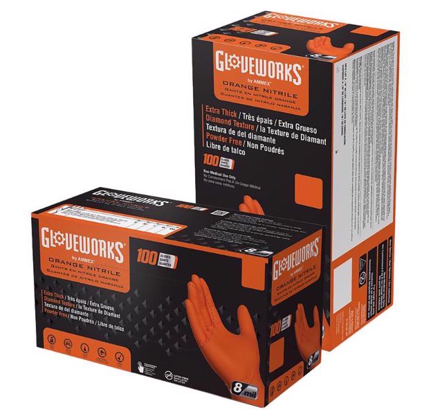 Gloveworks Nitrile Disposable Gloves X-Large Orange Powder Free 100 pk