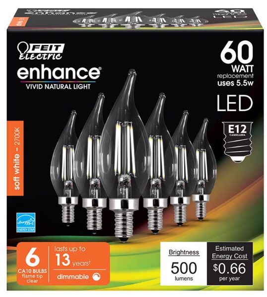 Feit Enhance CA10 (Flame Tip) E12 (Candelabra) Filament LED Bulb Soft White 60 Watt Equivalence 6 pk Feit Enhance CA10 (Flame Tip) E12 (Candelabra) Filament LED Bulb Soft White 60 Watt Equivalence 6 pk