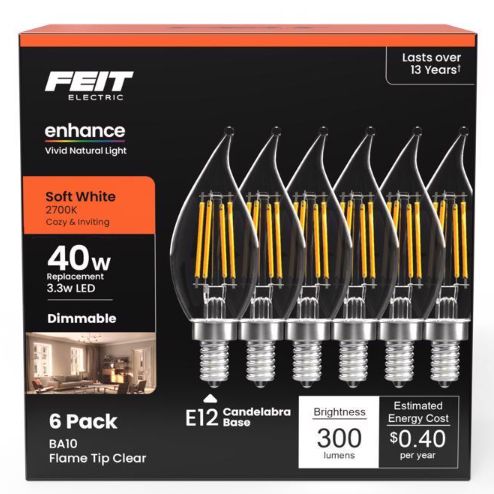Feit Enhance CA10 (Flame Tip) E12 (Candelabra) Filament LED Bulb Soft White 40 Watt Equivalence 6 pk Feit Enhance CA10 (Flame Tip) E12 (Candelabra) Filament LED Bulb Soft White 40 Watt Equivalence 6 pk