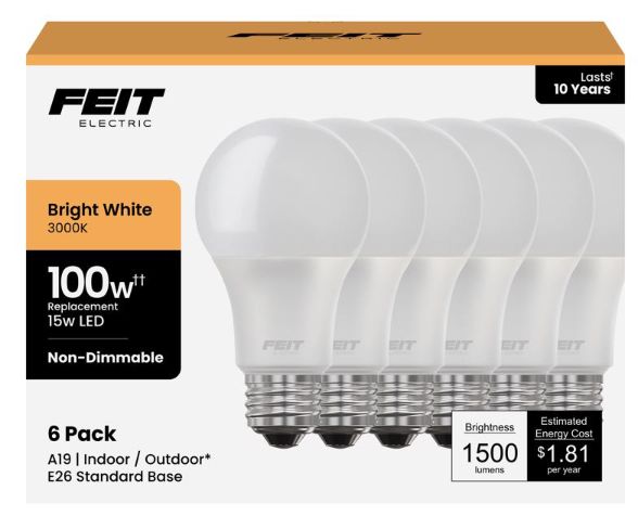Feit A19 E26 (Medium) LED Bulb Warm White 100 Watt Equivalence 6 pk