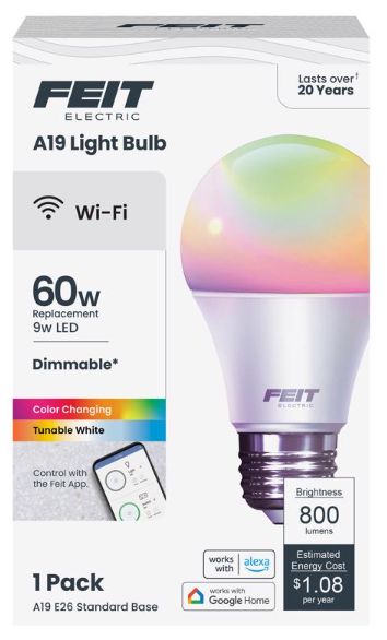 Feit Smart Home A19 E26 (Medium) Smart-Enabled LED Bulb Color Changing 60 Watt Equivalence 1 pk Feit Smart Home A19 E26 (Medium) Smart-Enabled LED Bulb Color Changing 60 Watt Equivalence 1 pk
