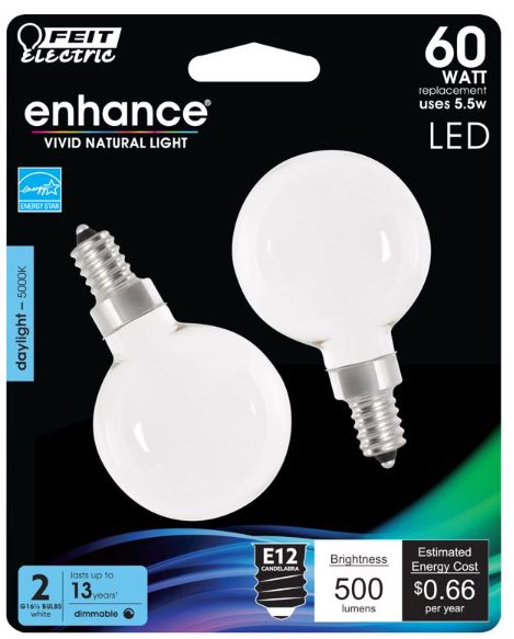 Feit Enhance G16.5 E12 (Candelabra) Filament LED Bulb Daylight 60 Watt Equivalence 2 pk