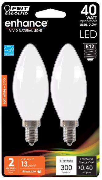 Feit Enhance B10 E12 (Candelabra) Filament LED Bulb Soft White 40 Watt Equivalence 2 pk