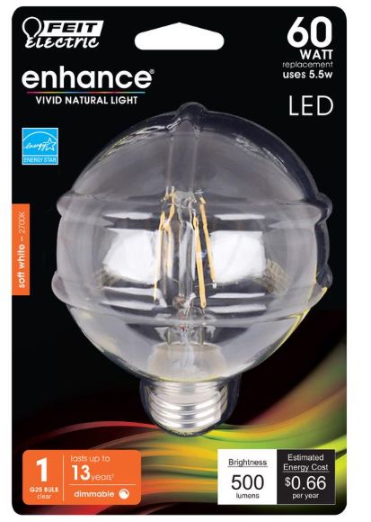 Feit Enhance G25 E26 (Medium) Filament LED Bulb Soft White 60 Watt Equivalence 1 pk
