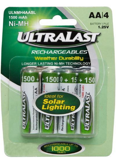 UltraLast NiMH AA 1.2 V 1.5 mAh Solar Rechargeable Battery 4 pk