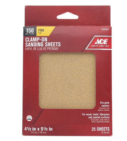 Ace 5-1/2 in. L X 4-1/2 in. W 150 Grit Aluminum Oxide 1/4 Sheet Sandpaper 25 pk Ace 5-1/2 in. L X 4-1/2 in. W 150 Grit Aluminum Oxide 1/4 Sheet Sandpaper 25 pk