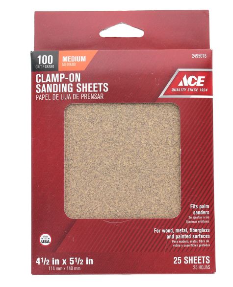 Ace 5-1/2 in. L X 4-1/2 in. W 100 Grit Aluminum Oxide 1/4 Sheet Sandpaper 25 pk