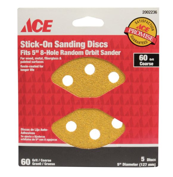 Ace 5 in. Aluminum Oxide Adhesive Sanding Disc 60 Grit Coarse 5 pk