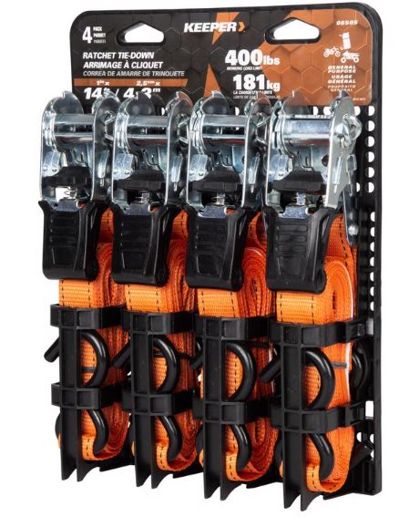 Keeper 1 in. W X 14 ft. L Orange Tie Down w/Ratchet 400 lb. 4 pk Keeper 1 in. W X 14 ft. L Orange Tie Down w/Ratchet 400 lb. 4 pk