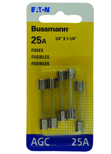 Bussmann 25 amps AGC Clear Glass Tube Fuse 5 pk Bussmann 25 amps AGC Clear Glass Tube Fuse 5 pk