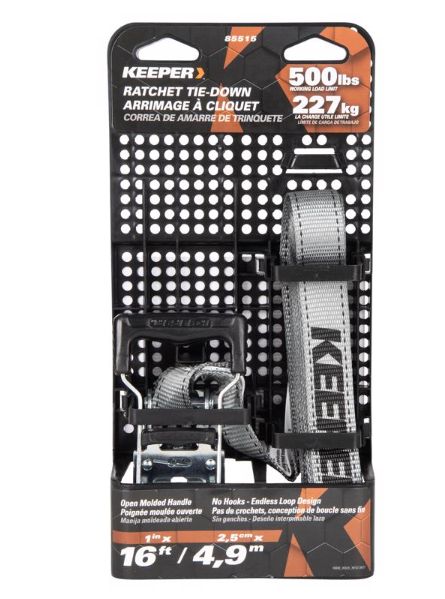 Keeper 1 in. W X 16 ft. L Gray Tie Down w/Ratchet 500 lb 1 pk