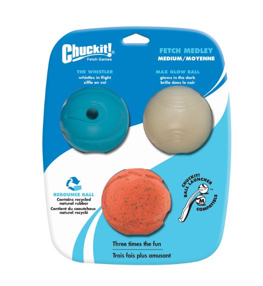 Chuckit! Assorted Rubber Glow, Whistler and Rebounce Bounce Ball Medium 3 pk