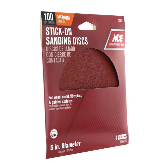 Ace 5 in. Aluminum Oxide Adhesive Sanding Disc 100 Grit Medium 4 pk Ace 5 in. Aluminum Oxide Adhesive Sanding Disc 100 Grit Medium 4 pk