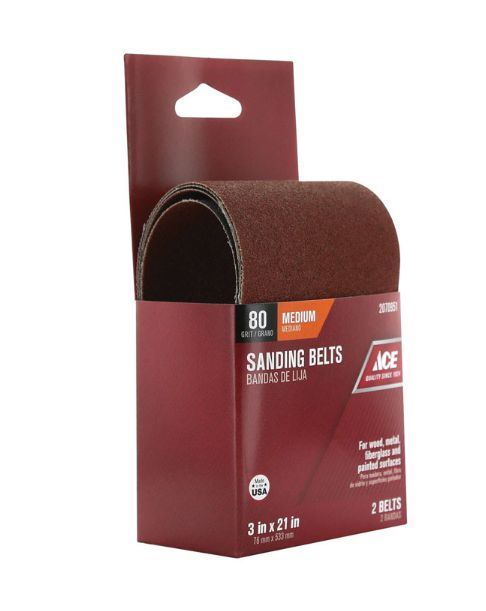 Ace 21 in. L X 3 in. W Aluminum Oxide Sanding Belt 80 Grit Medium 2 pc