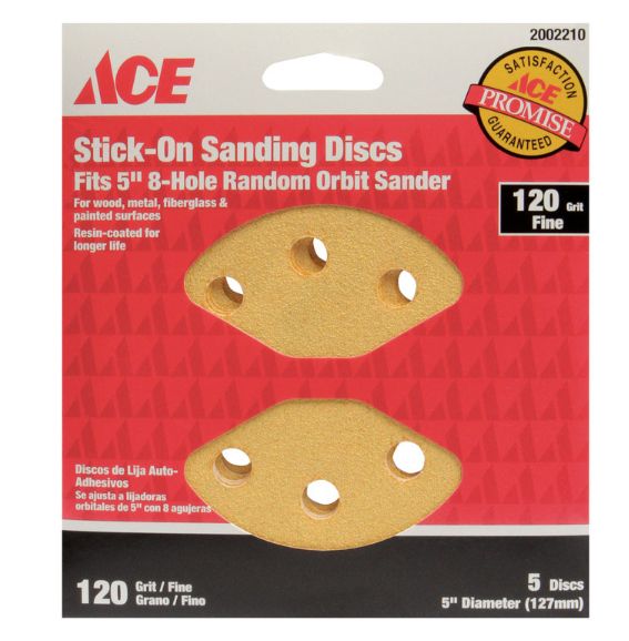 Ace 5 in. Aluminum Oxide Adhesive Sanding Disc 120 Grit Fine 5 pk Ace 5 in. Aluminum Oxide Adhesive Sanding Disc 120 Grit Fine 5 pk