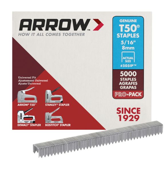 Arrow T50 3/8 in. W X 5/16 in. L 18 Ga. Flat Crown Heavy Duty Staples 5000 pk