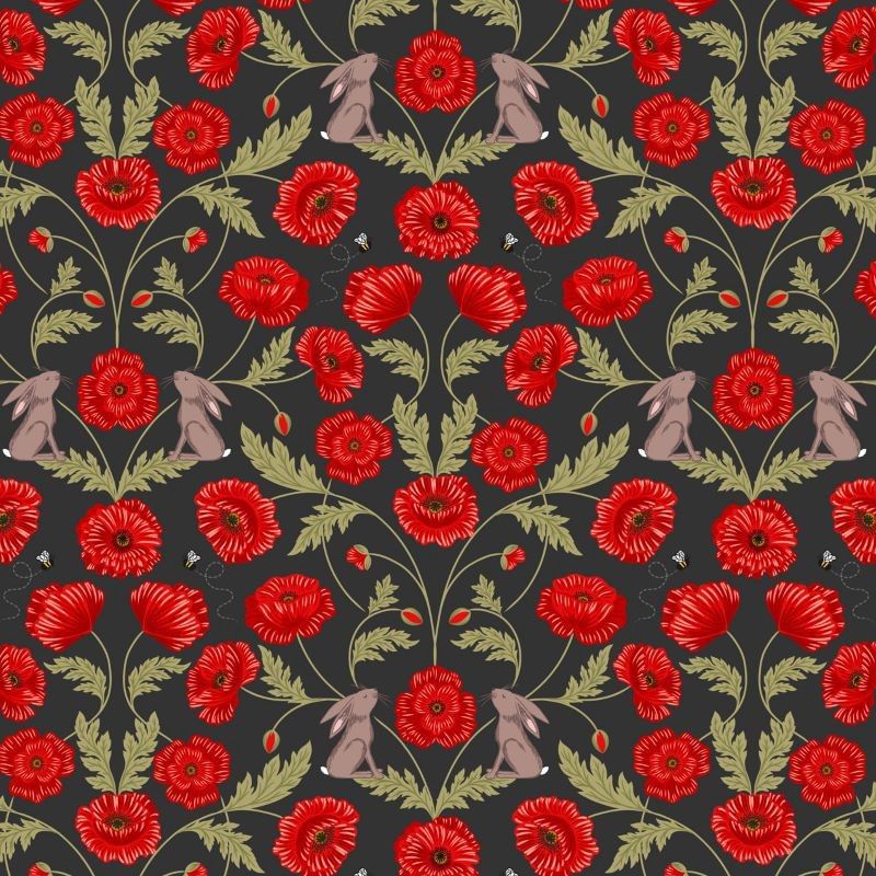 Poppies - per metre, Print: Mirrored Poppies &amp; Hares