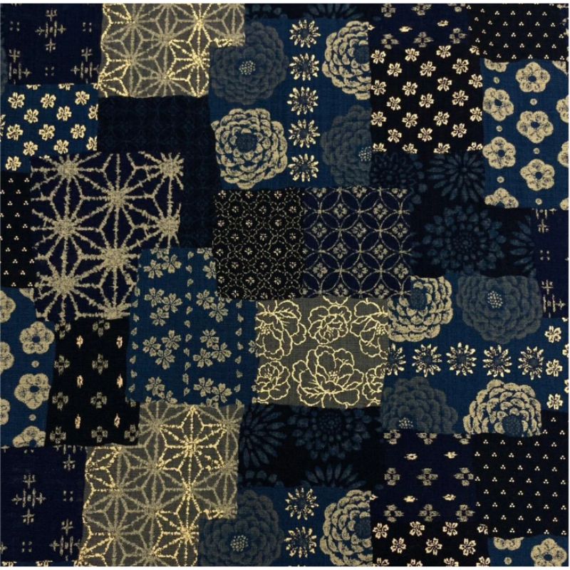 Sevenberry Gold Boro Patchwork per metre, Colourway: Grey/Black