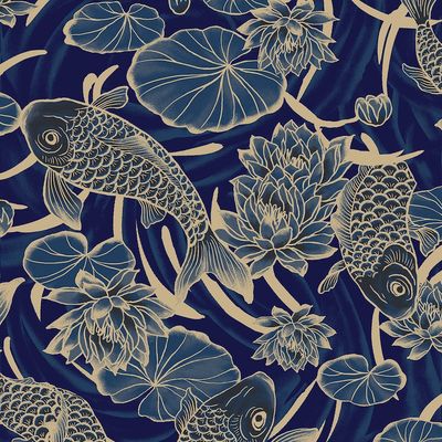Lotus Garden - Navy Koi