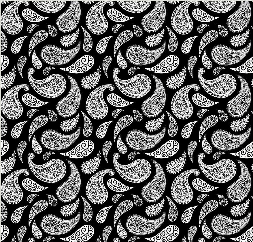 Morning Frost Range per metre, Style: White paisley on blk