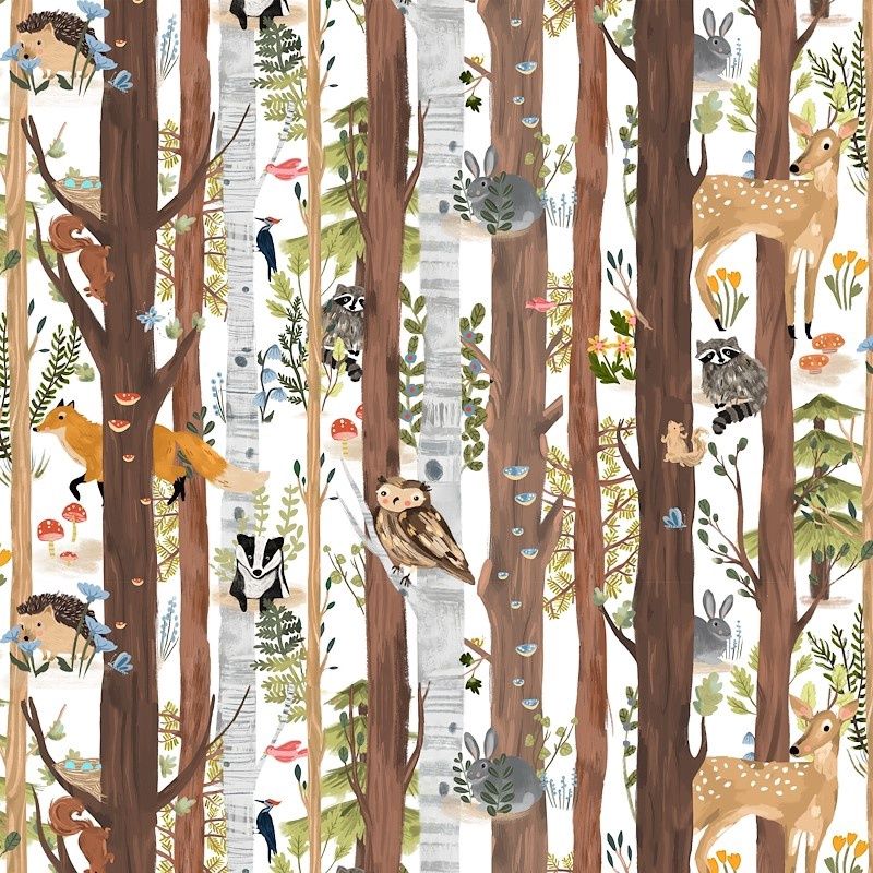 Forest Critters Range per metre, Print: Woodland Animals with Trees