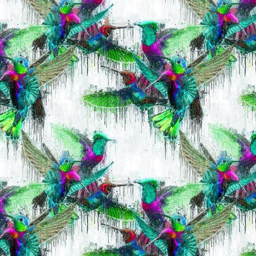 Hummingbird Garden per metre, Name: Rainy Hummingbirds Green