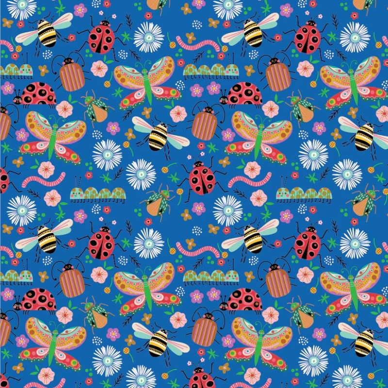 Hey Love Bug Range by Poppie Cotton per metre, Print: Bugs Blue BG25132