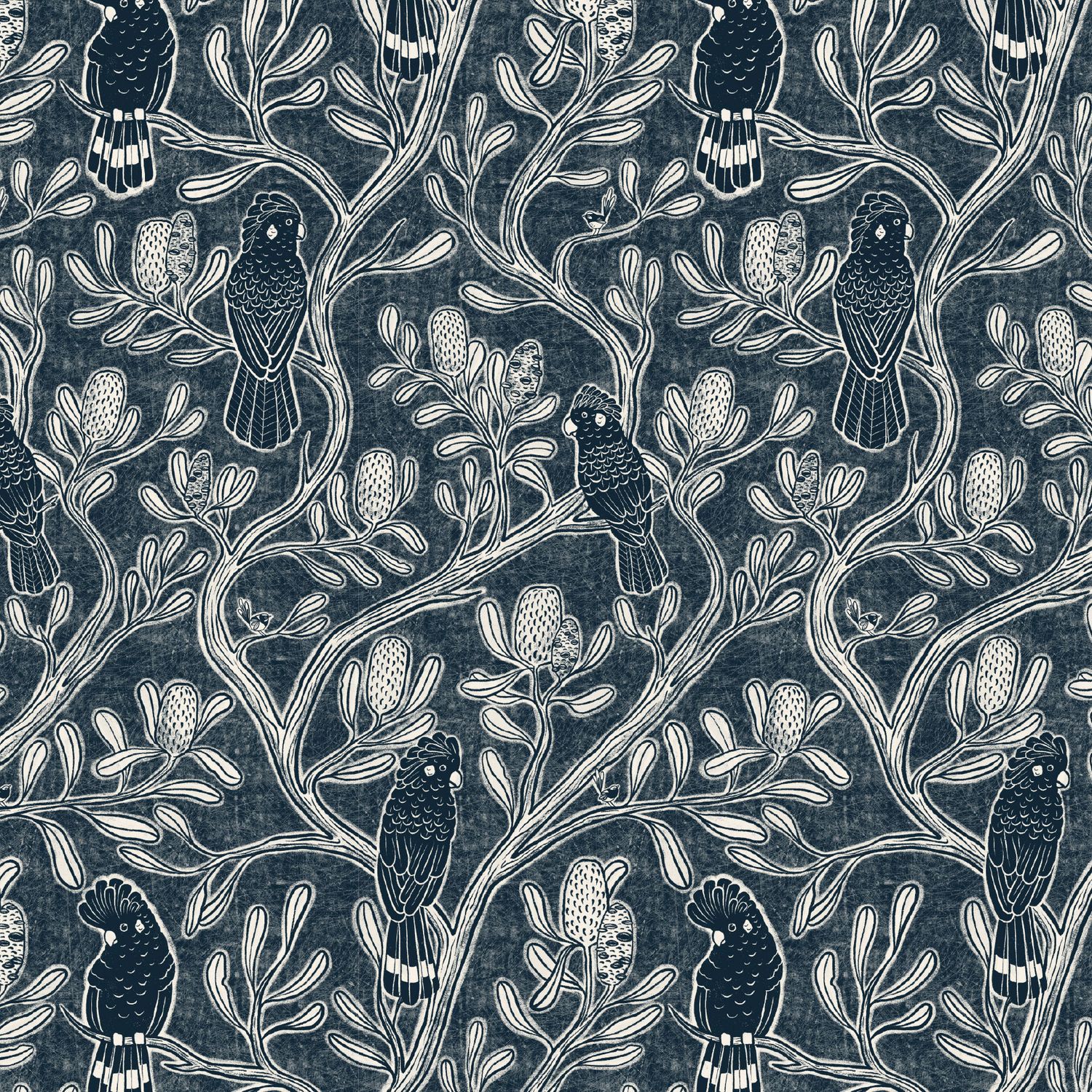 Bushland Beauty - per metre, Print: Black Cockatoo &amp; Banksia DV7860