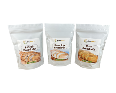 Grain Delight. Molibake Bread Mix Variety Pack: Pumpkin Bread Mix, 8 Grain Bread Mix, Corn Bread Mi