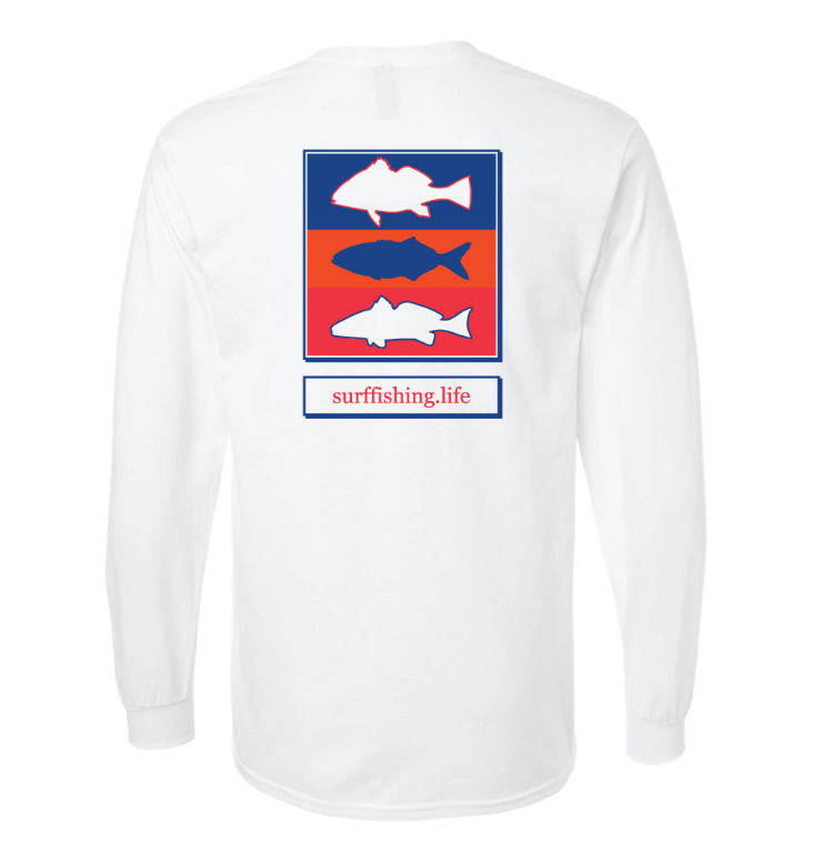 long sleeve fishing tshirt, includes redfish, black drum and bluefish on T shirt, OBX. NC fishing t shirt