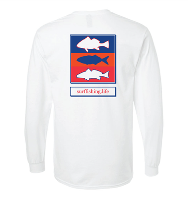 Chasing the RED, the BLACK and the BLUE - Fishing Shirt long sleeve fishing tshirt, includes redfish, black drum and bluefish on T shirt, OBX. NC fishing t shirt