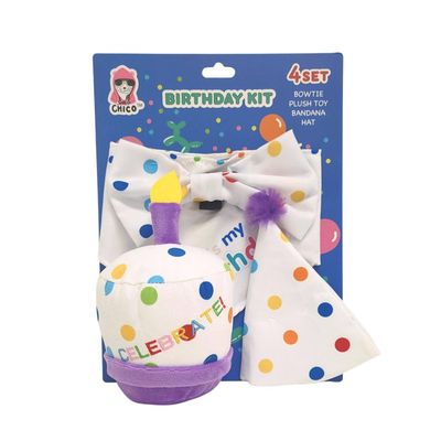 Dog Birthday Kit 4-Piece: Bandana, Hat, Bow Tie, Plush Toy