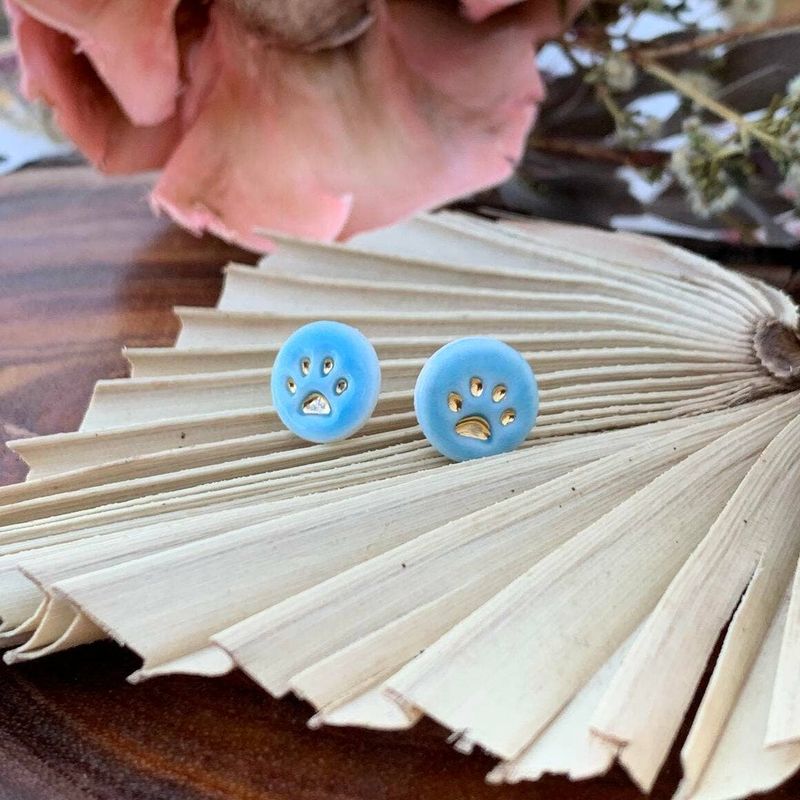 Paw print in Gold - Porcelain Stud Earrings: Light Blue
