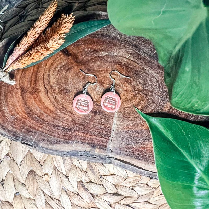 Camper Van - Porcelain Dangle Earrings: Pink