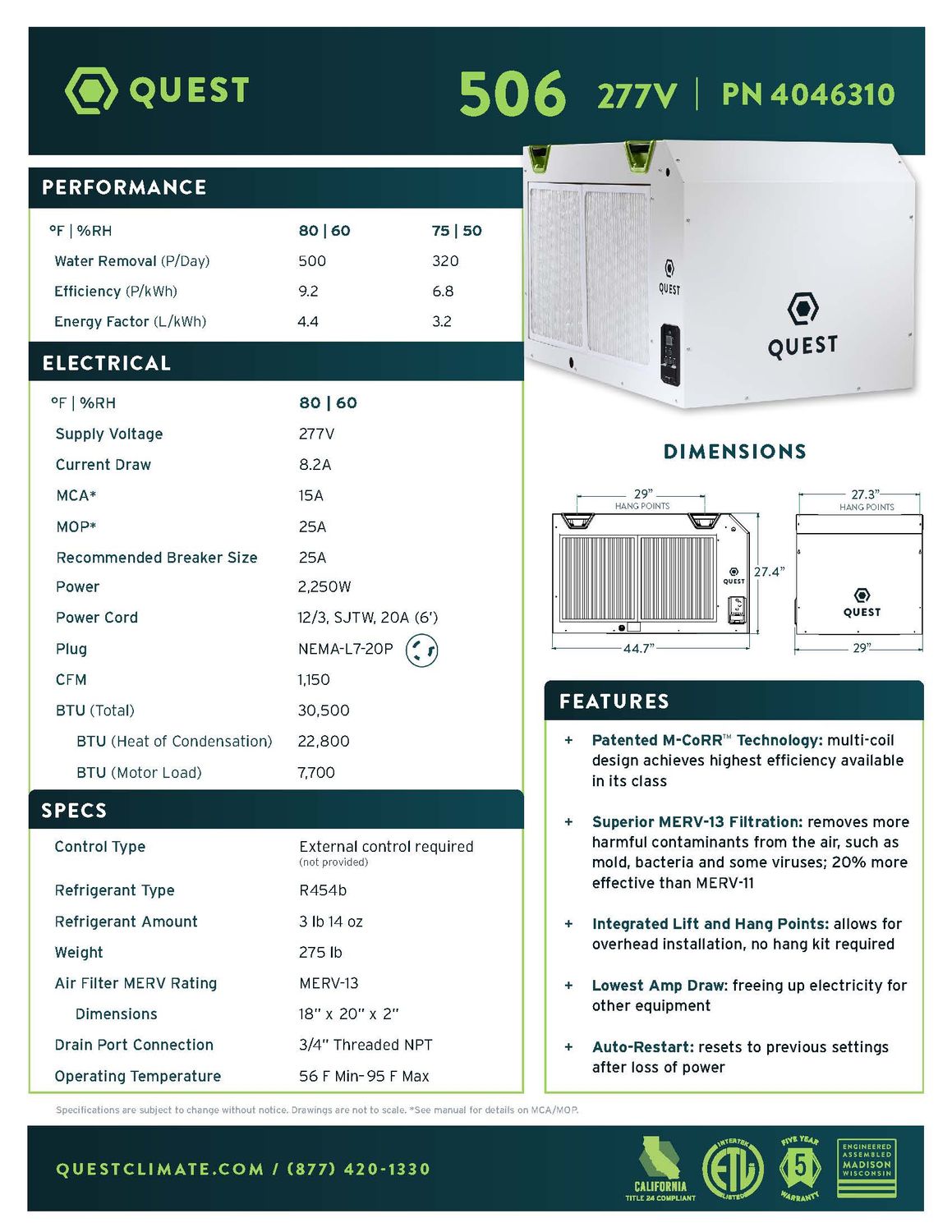 Quest 506 A2L 277V Dehumidifier