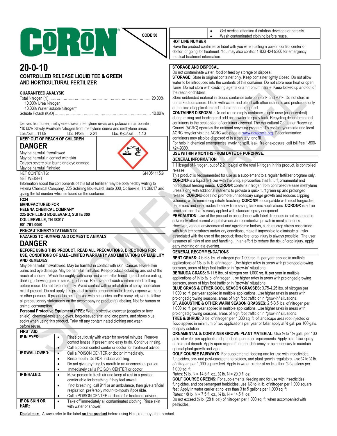 Coron 20-0-10 50% CRN (Helena Ag)