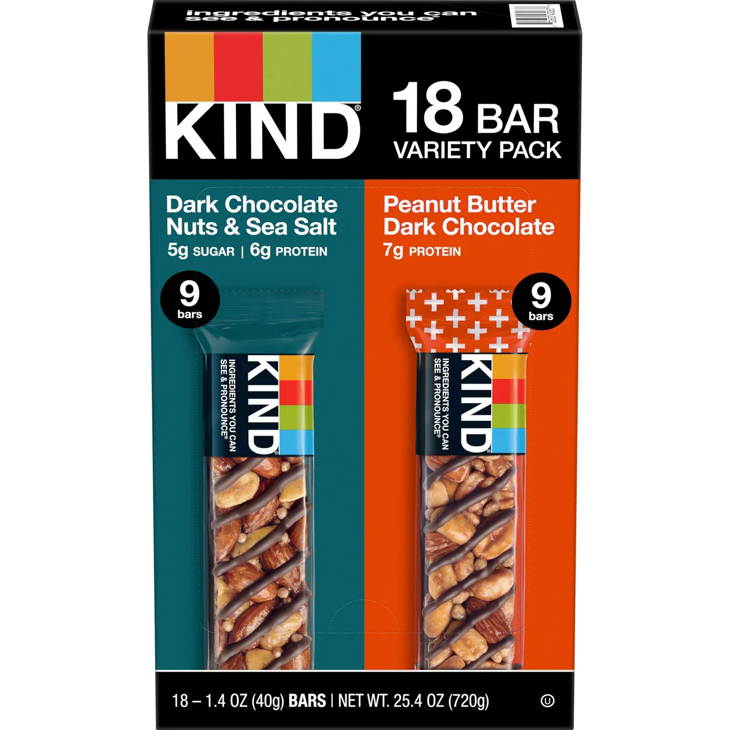 KIND Snack Bars Variety Pack, Dark Chocolate Nuts &amp; Sea Salt and Peanut Butter Dark Chocolate 18 ct.