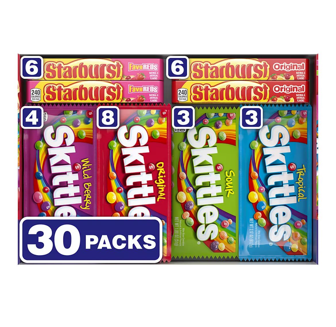 Skittles And Starburst Chewy Candy Bulk Variety Pack Full Size Assorted Fruity Candy, 30 ct.