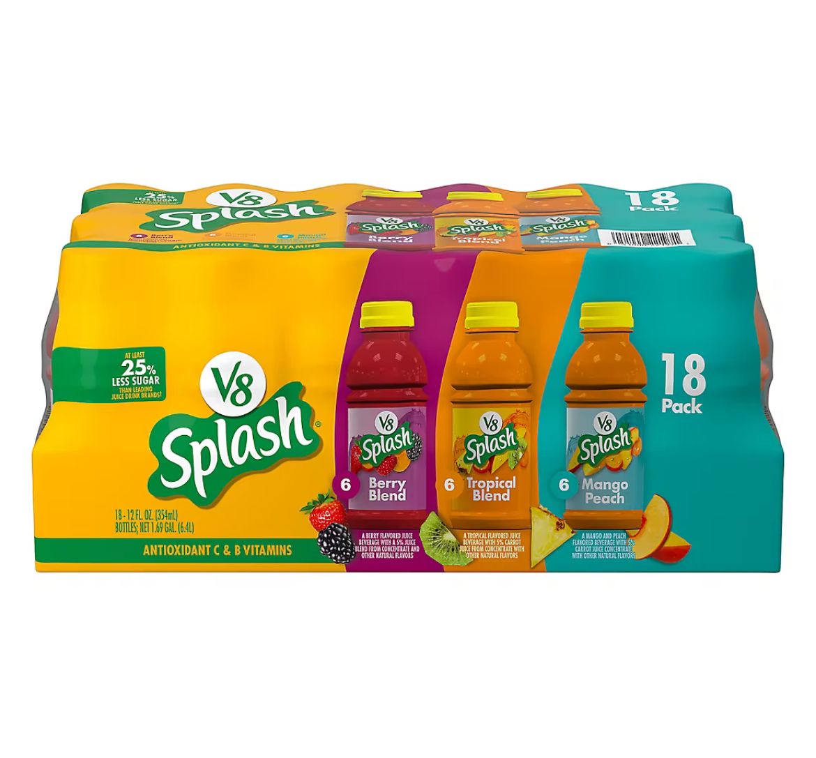 V8 Splash Berry Blend, Tropical Blend and Mango Peach Juice Variety Pack, 18 ct./12 oz.
