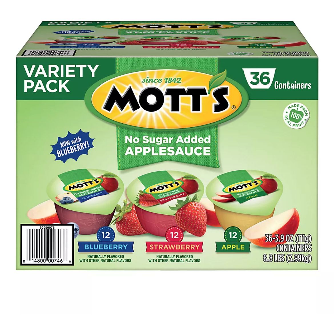 Mott&#39;s No Sugar Added Applesauce Variety Pack Cups, 36 pk./3.9 oz.