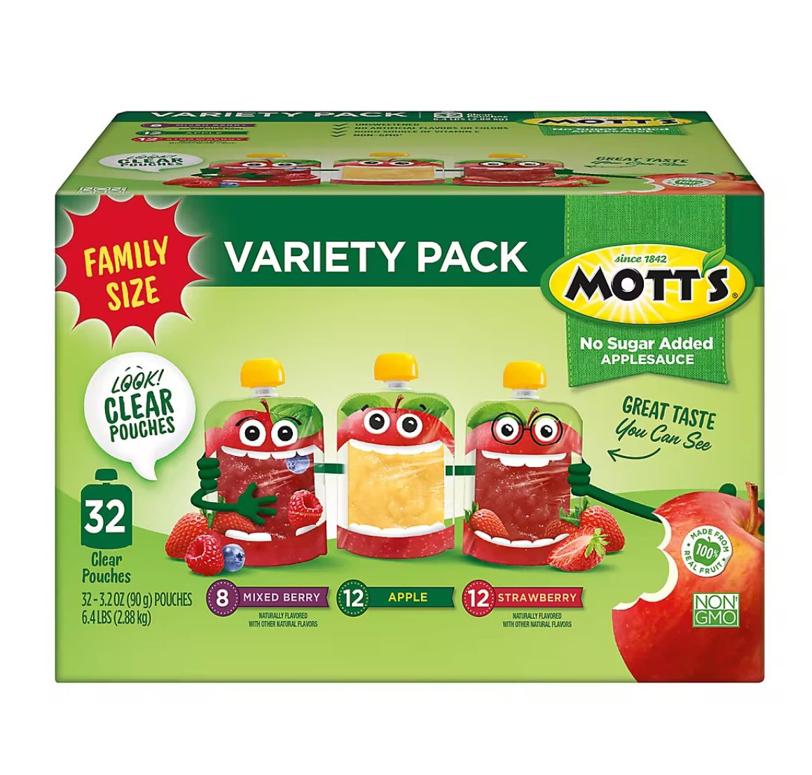 Mott&#39;s No Sugar Added Applesauce Variety Pack with Clear Pouches, 32 pk./3.2 oz.