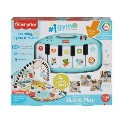 Fisher-Price Glow and Grow Kick &amp; Play Piano Gym Baby Playmat with Musical Learning Toy, Blue