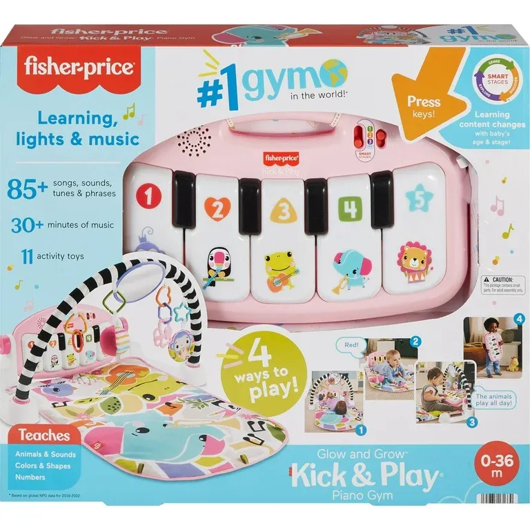 Fisher-Price Glow and Grow Kick &amp; Play Piano Gym Baby Playmat with Musical Learning Toy, Pink