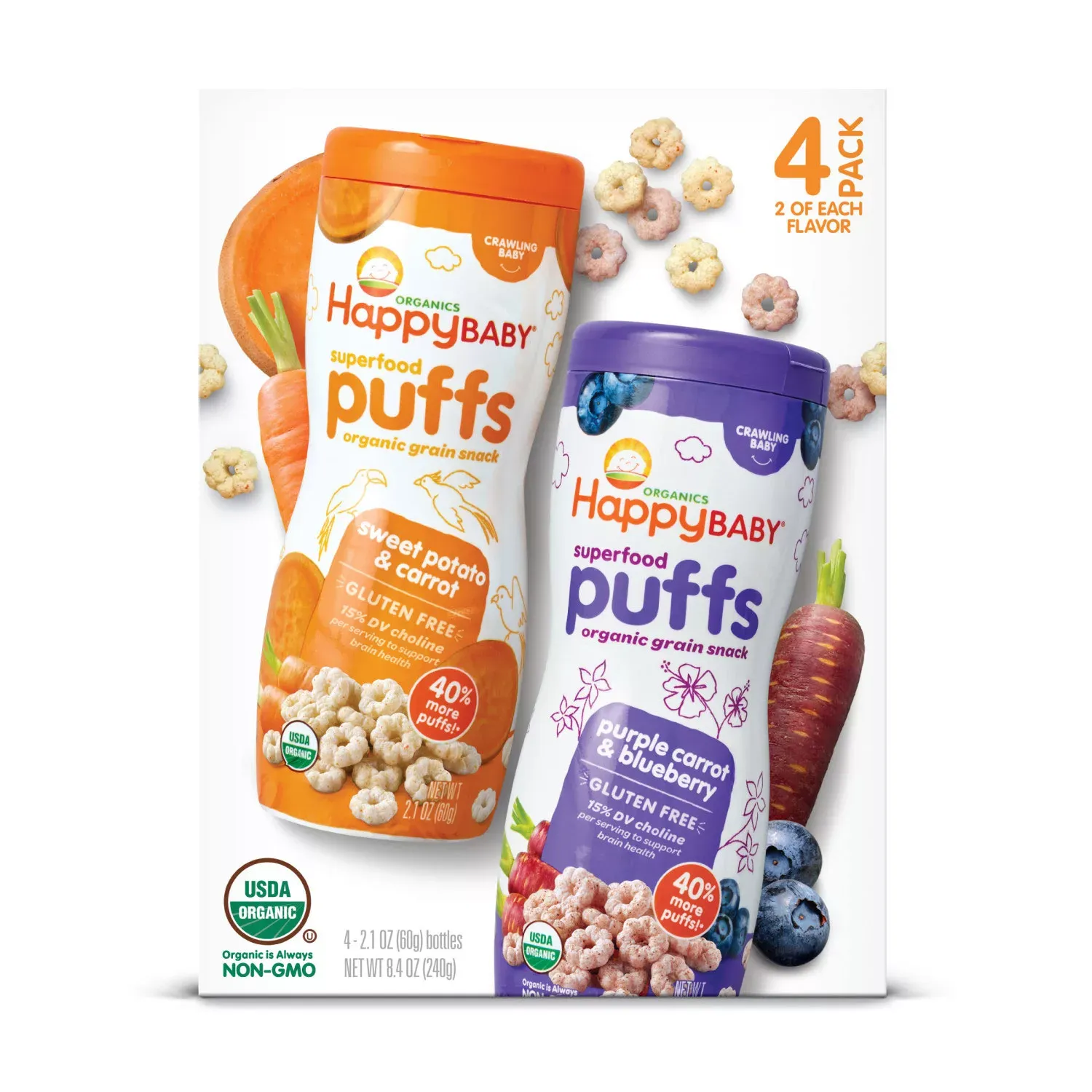 Happy Baby Puffs Variety Pack, Sweet Potato &amp; Carrot and Purple Carrot &amp; Blueberry (2.1 oz., 4 ct.)