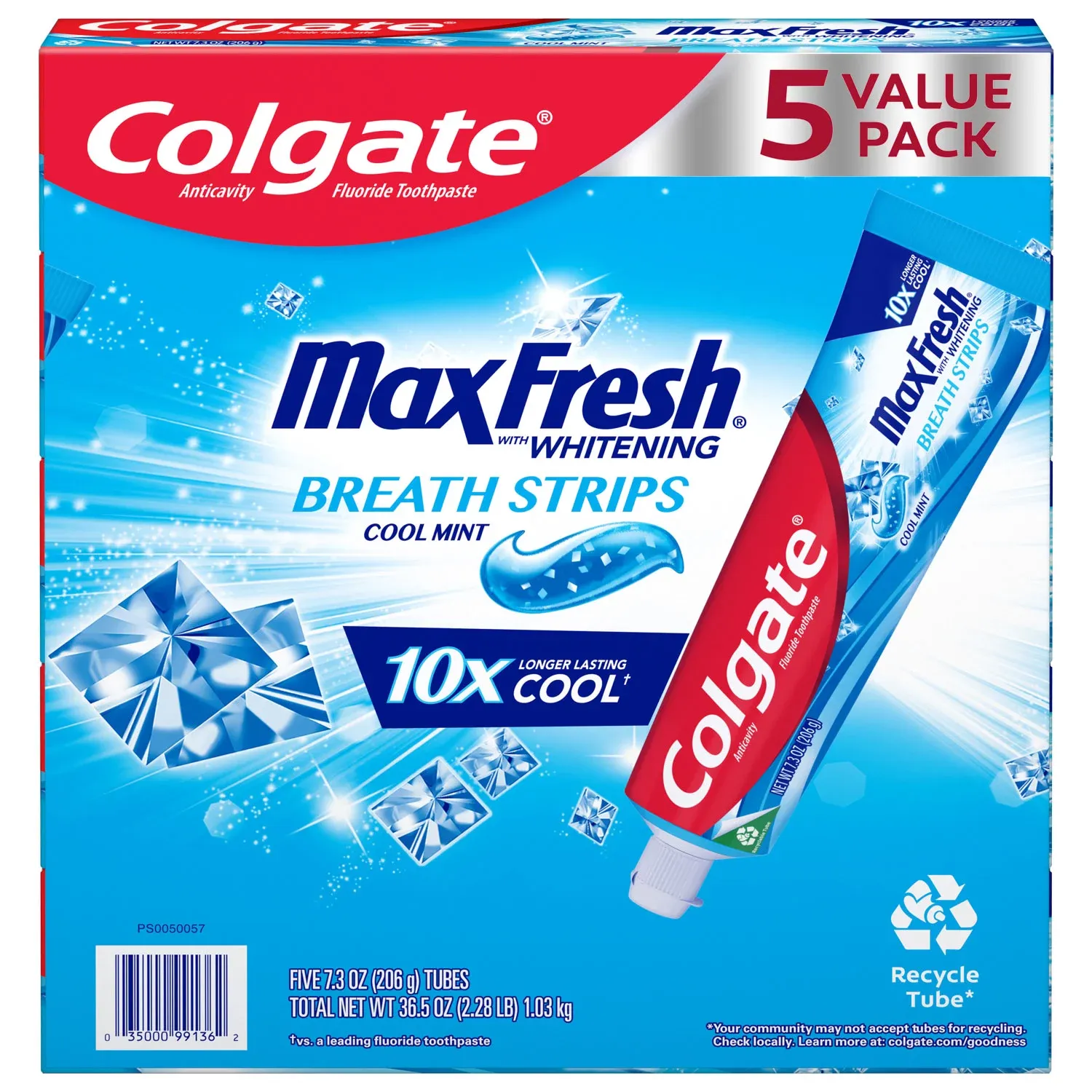Colgate MaxFresh Toothpaste with Mini Breath Strips, Cool Mint 7.3 oz., 5 pk